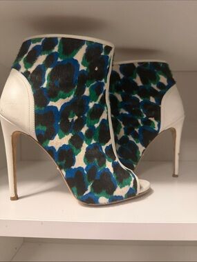 White Multicolor Leopard-Print Peep-Toe Ankle Booties